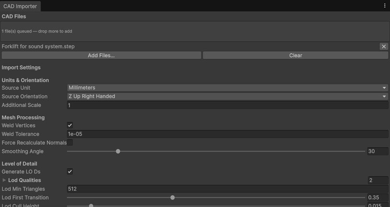 CAD Importer window in Unity showing mesh, level of detail, physics, and FreeCAD conversion settings