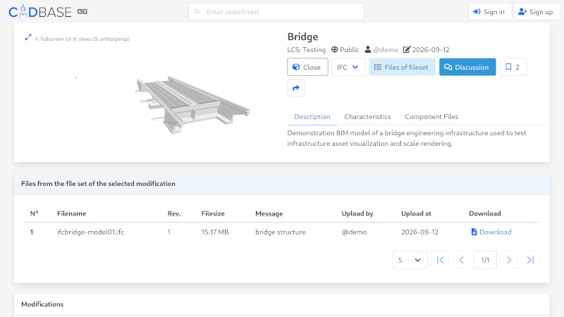 CADBase web viewer displaying a 3D IFC bridge model with file revision history