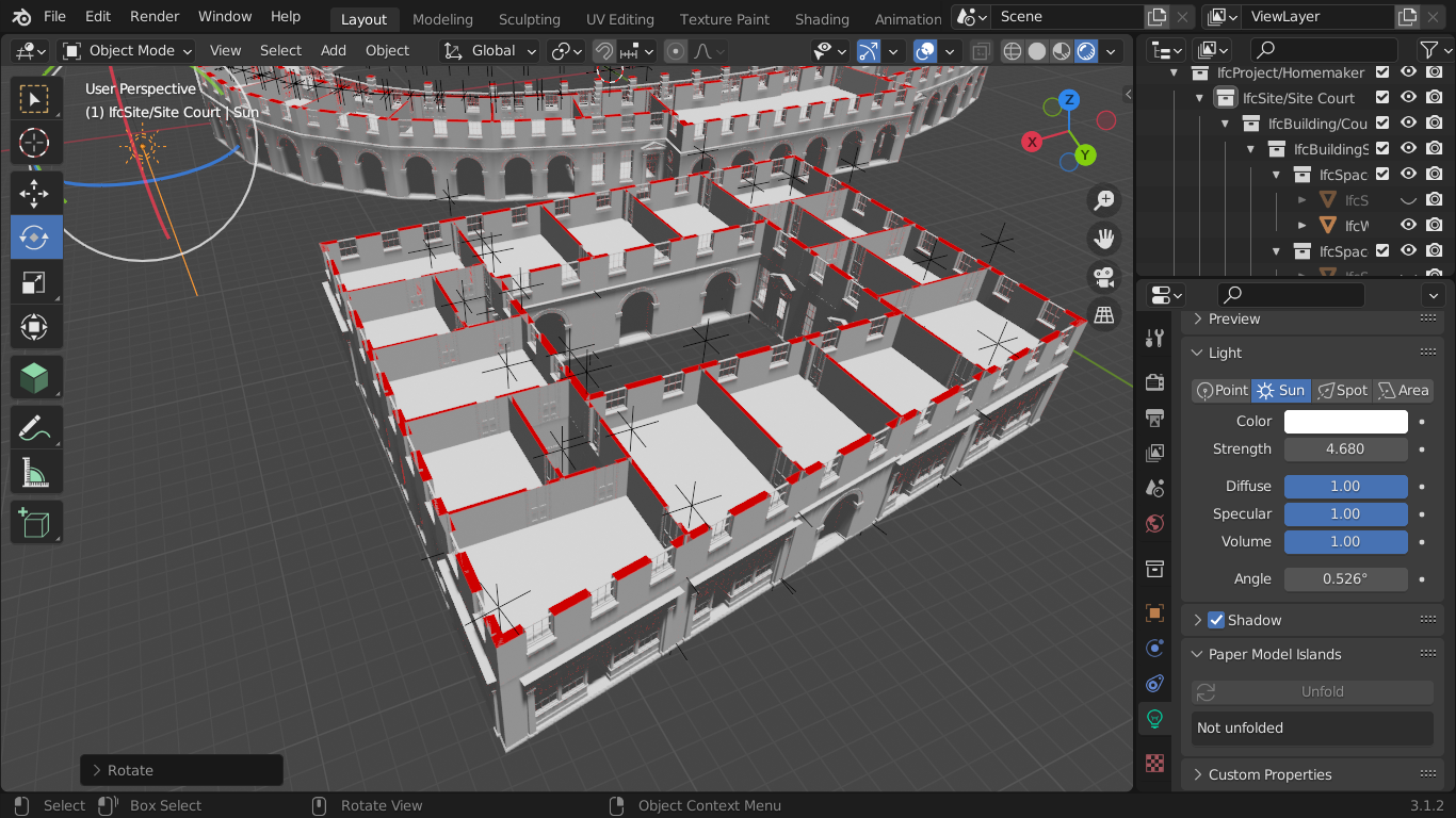 A screenshot of BlenderBIM with an IFC file opened